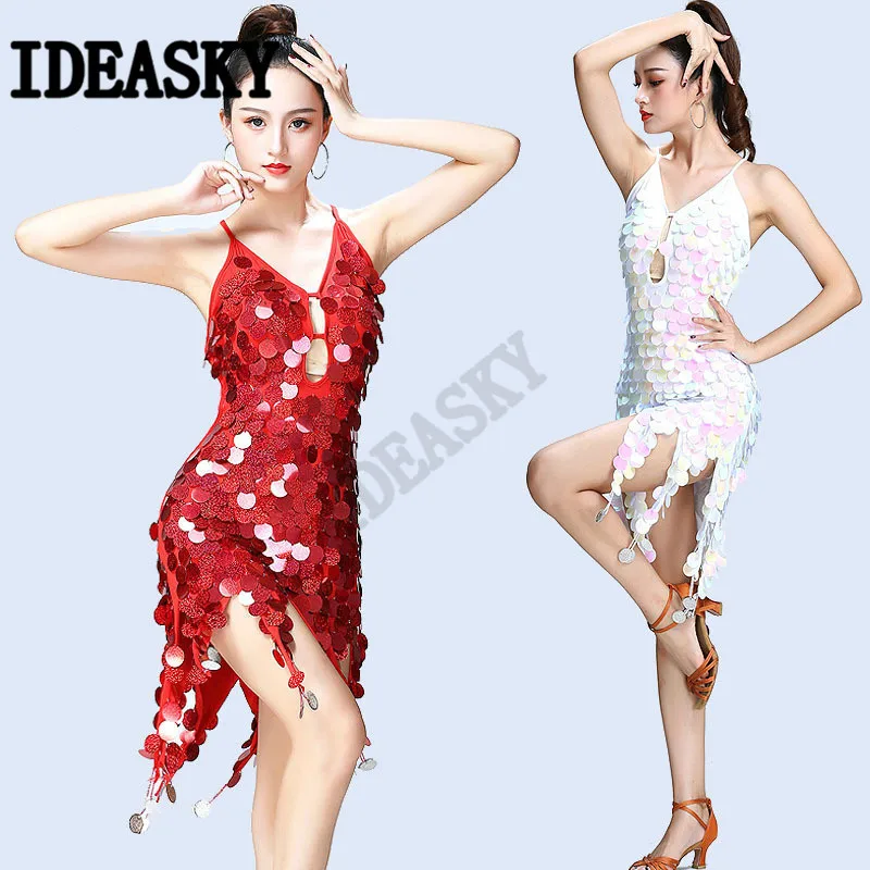 Латинское платье для танцев Танго/ча ча/Румба/Самба с блестками и бахромой