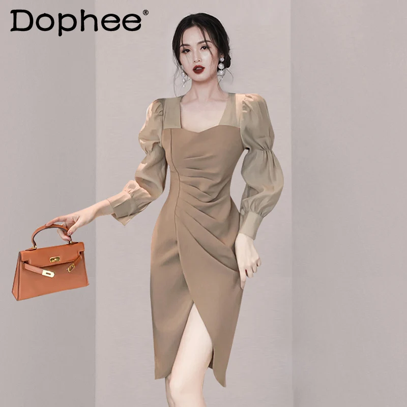 

Женское вечернее платье средней длины, элегантное облегающее платье во французском стиле с длинными рукавами-фонариками и квадратным выре...