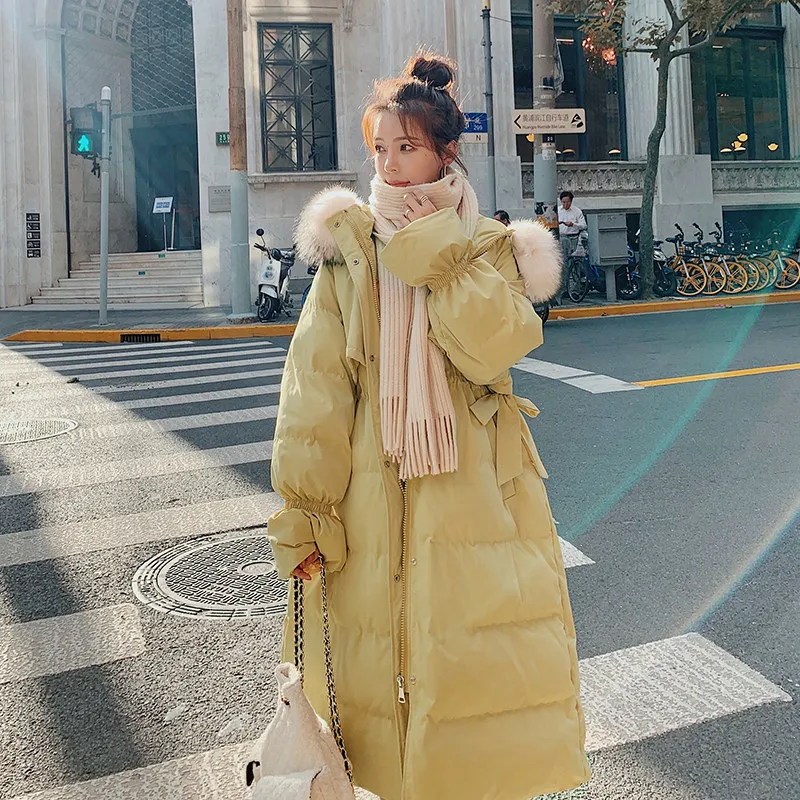 Ins Gentle Wind Yellow Drawstring Bow Tie Tie At Both Sides Speaker Sleeve Large Wool Collar Hooded Bread Suit Women