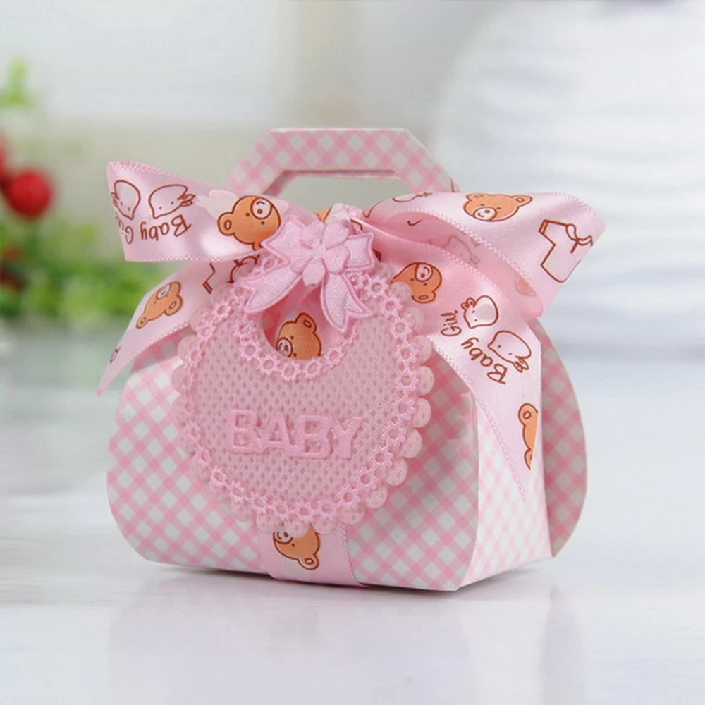 

60pcs/lot Bear Shape DIY Paper Wedding Gift Christening Baby Shower Party Favor Boxes Delicate Candy Box With Bib Tags & Ribbons