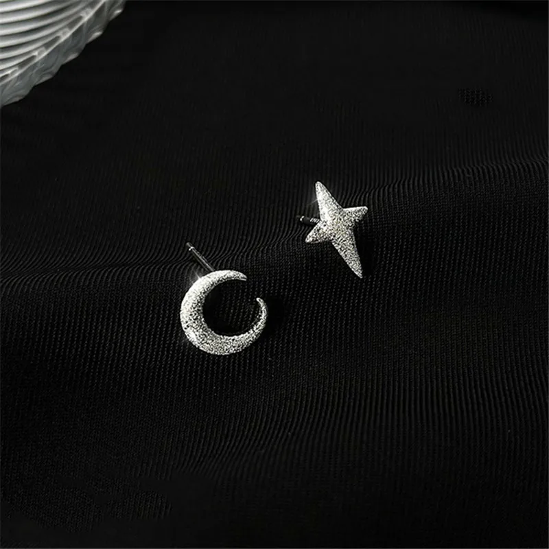 

925 Sterling Silver Asymmetry Cross Moon Charm Stud Earring For Women Girls Party Wedding Jewelry Pendientes Accessories eh421