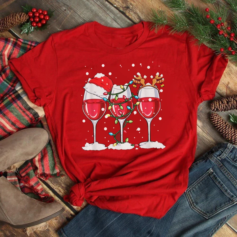 

Maycaur New Kawaii Christmas Wine Glass Print T Shirt New Year Women Tops Cartoon Shirt Female Holiday Graphic T Tee T-shirt