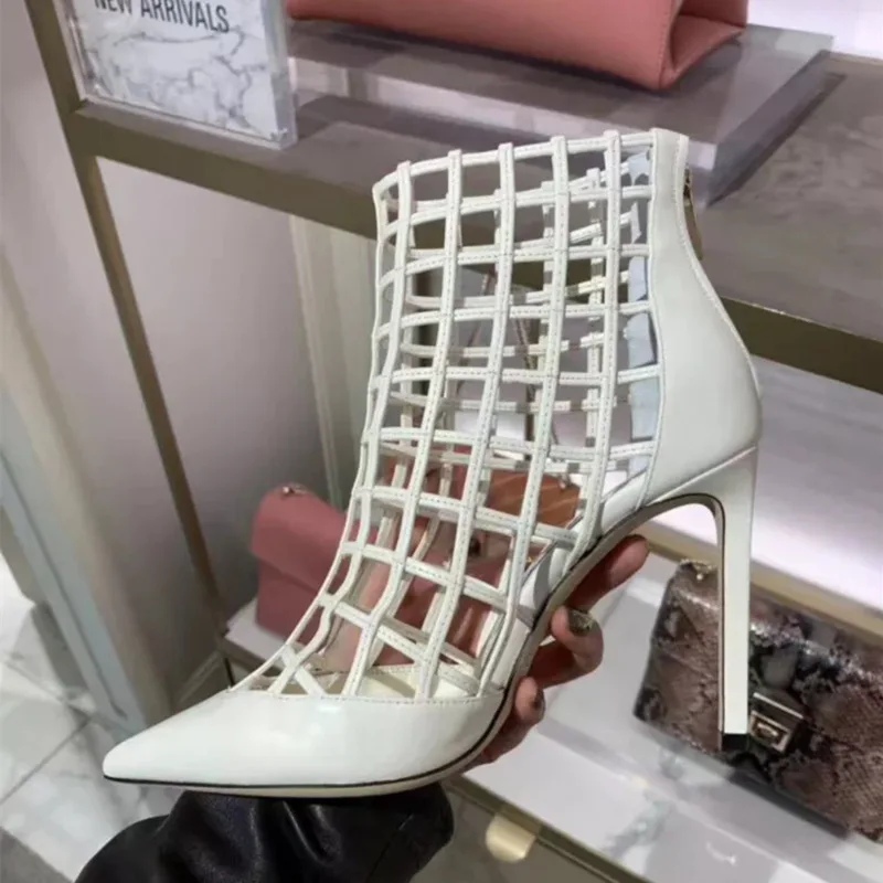 

2021 Fashion New White Mesh Roman Pointed High Heels New Hollow Black Stiletto High Heel Short Boots Women