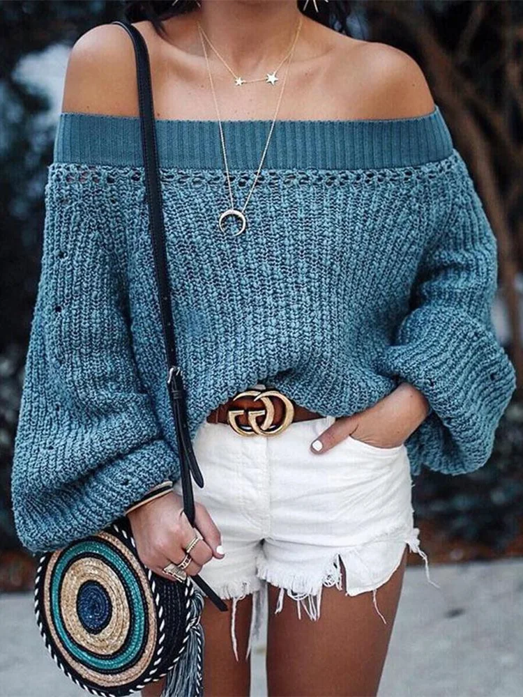 

Women Winter Off Shoulder Bishop Sleeve Sweater Top Autumn Elegant Solid Casual Winter Sweater