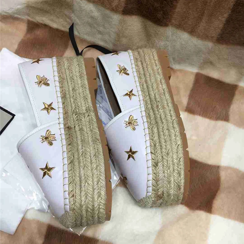 

Ollymurs Women's Embroider Bee Espadrilles Wedges Loafer Slip on Genuine Leather Luxury Brand Shoes Summer Sandals