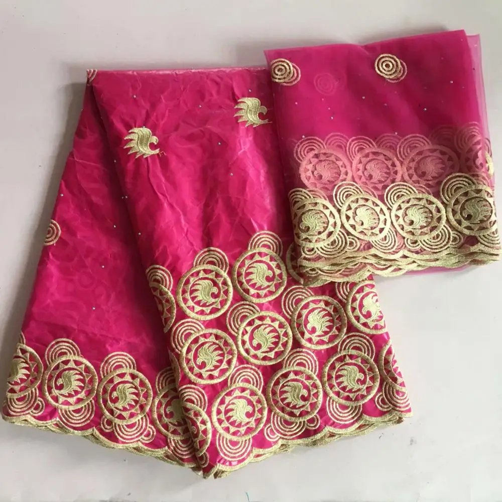 

African style Brocade Fabric bazin lace with scarf lace 5 yards and scarf 2 yards decorated with rhinestone BK 104