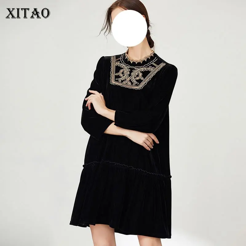 

XITAO однотонное платье с вышивкой для женщин, Корея, осень 2021, новое, индивидуальное, модное, свободное, половина, высокий воротник, длинный ру...
