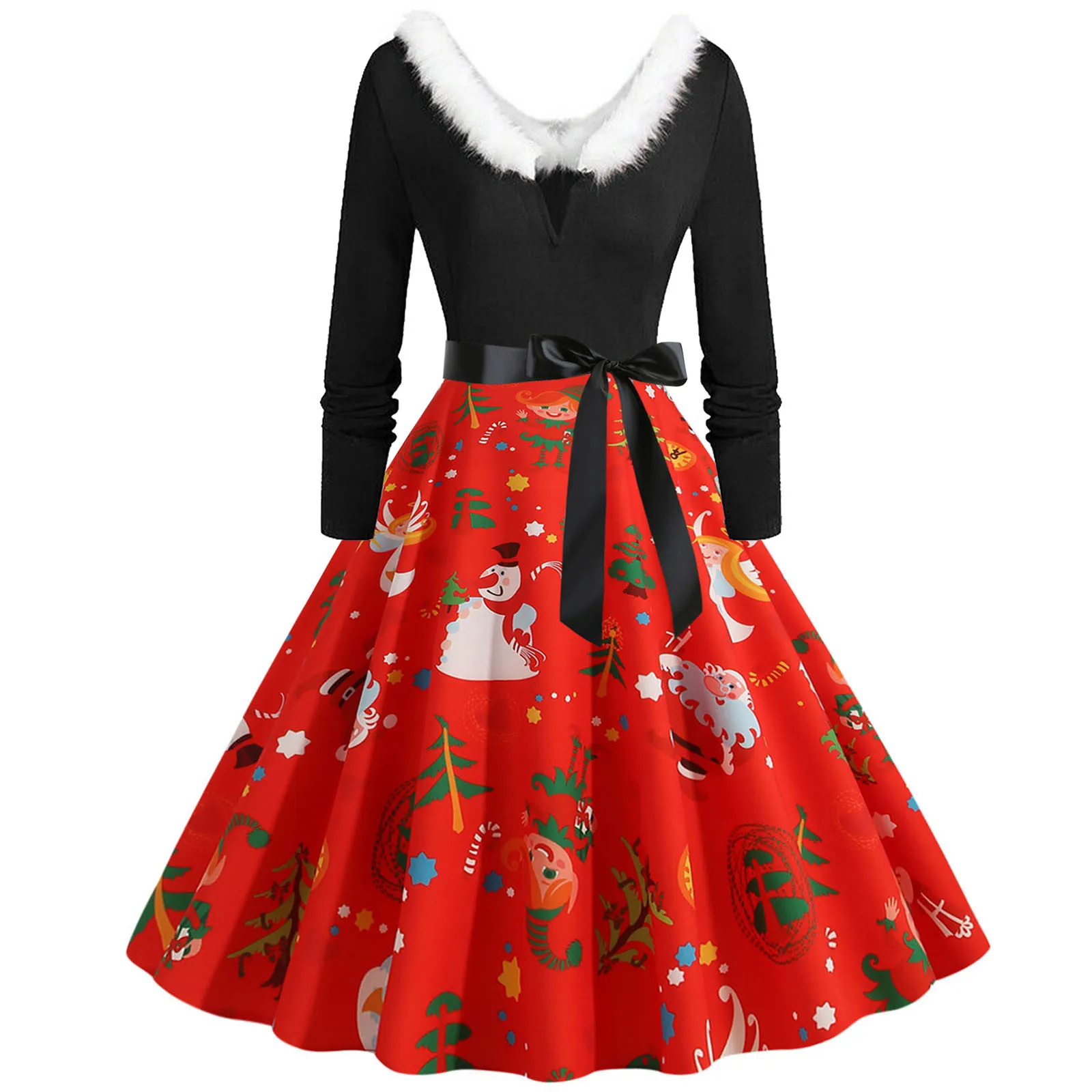 

Women Dress Vintage Furry V Neck Long Sleeve Vestido Christmas 1950s Housewife Evening Party Dress Sexy Dress Woman Clothes New