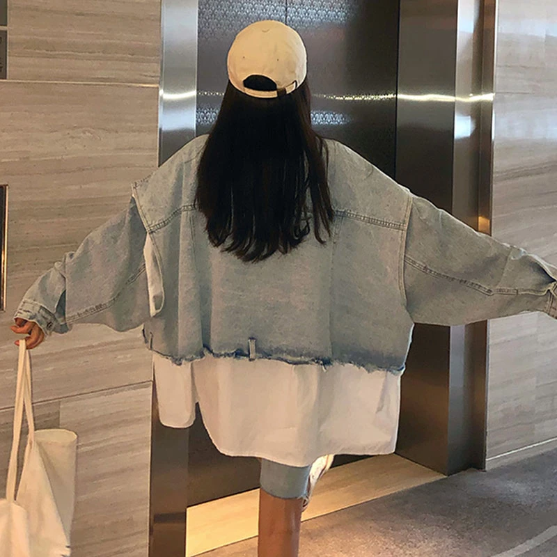 

2021 Spring Autumn Long Sleeve Stitching Design Trendy Women Shirt+sleeveless All-match Denim Jacket 2 Piece Set Casual