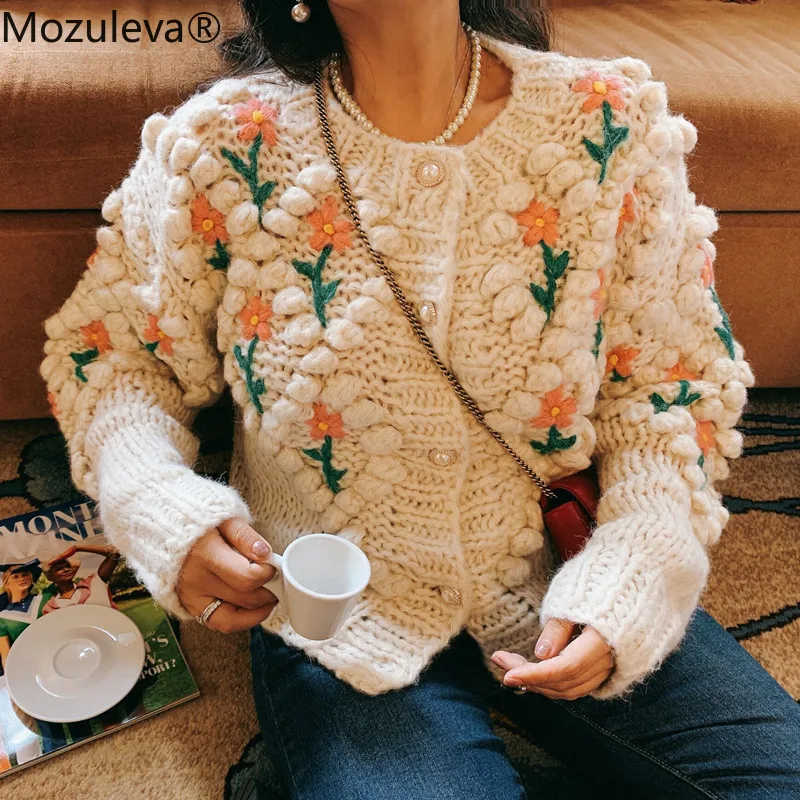 

Mozuleva Women Knitted Cardigan 2021 New Autumn Winter Single-breasted Vintage Flower Embroidery Knitted Sweater Coat Outwear