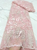 2022 pink nigerian lace fabrics fashion women african heavy tull lace luxury handmade bead sequins fabrics for wedding 4409b