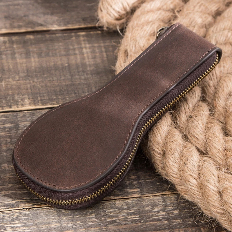 

B36D Horsehide Leather Watch Storage Bag Travel Watch Protective Cover w/ Zipper Anti-Slide Cushion for Watch Jewelry Storage