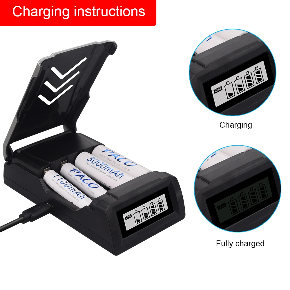 3000 мАч AA перезаряжаемая батарея/AAA батарея 1100 + USB ЖК смарт-зарядное устройство для