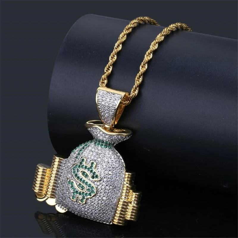

New Personality Pop Creative Design Money Bag-Shaped Zircon Inlaid Pendant Necklace Hip Hop Rock Accessories