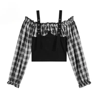 crop plaid patchwork fake 2 pieces blouses or tops women long sleeve party club bar slim sexy shirts punk strap e girl blusas