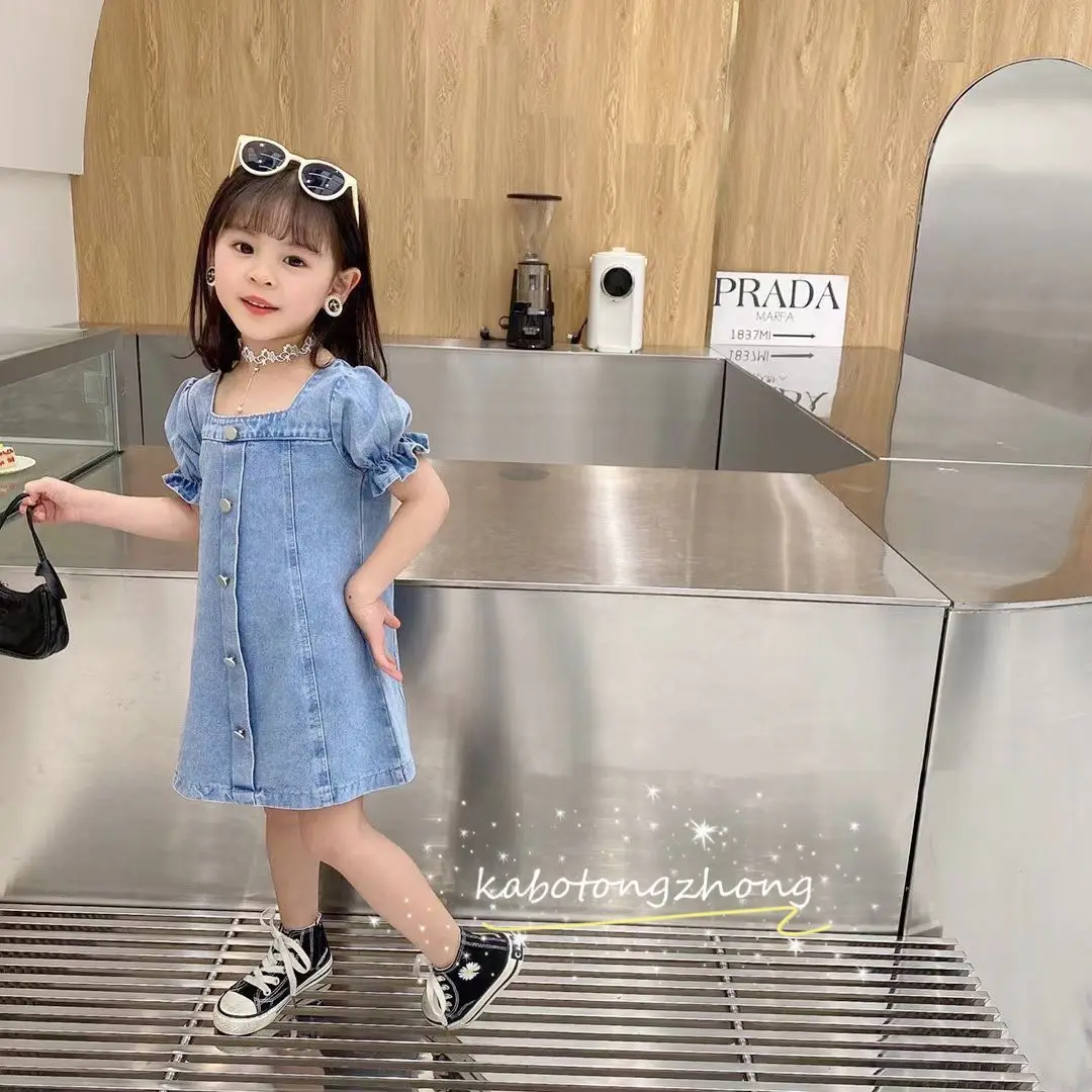 

Summer Puff Sleeve Short Sleeve Denim dresser Korean Pure Color Dress Trendy Girls' Wear kids dresses for girls