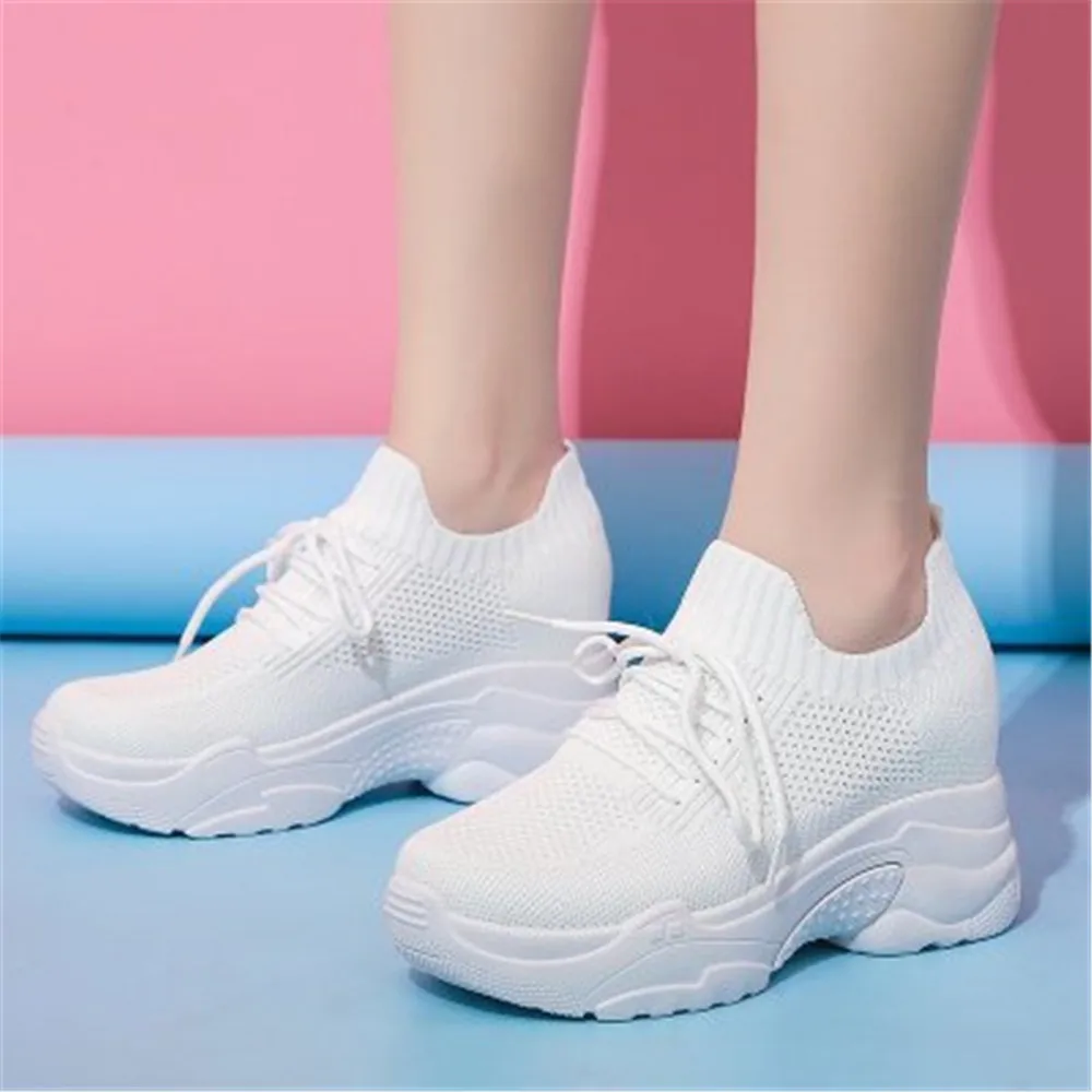 

2021 New Spring Breathable Knitted Chunky Sneakers Women Solid Wedge Sock Shoes Lady Thick Bottom High Top Shoes Female Eu 35-40