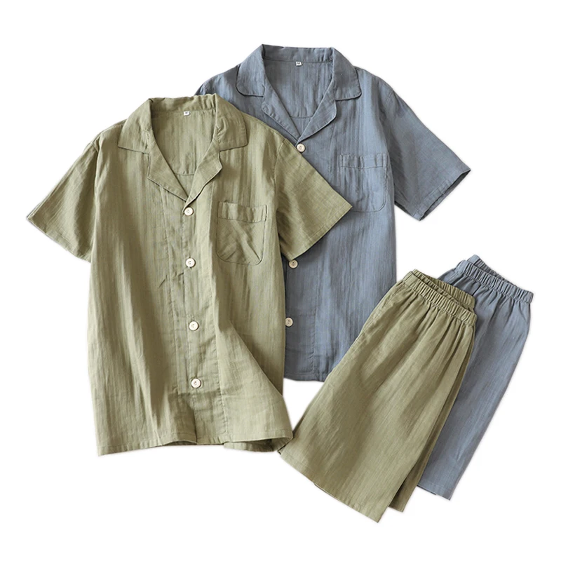 

Japanese pure cotton gauze shorts Pajamas sets men Summer simple plaid sleepwear men short sleeves pyjamas men
