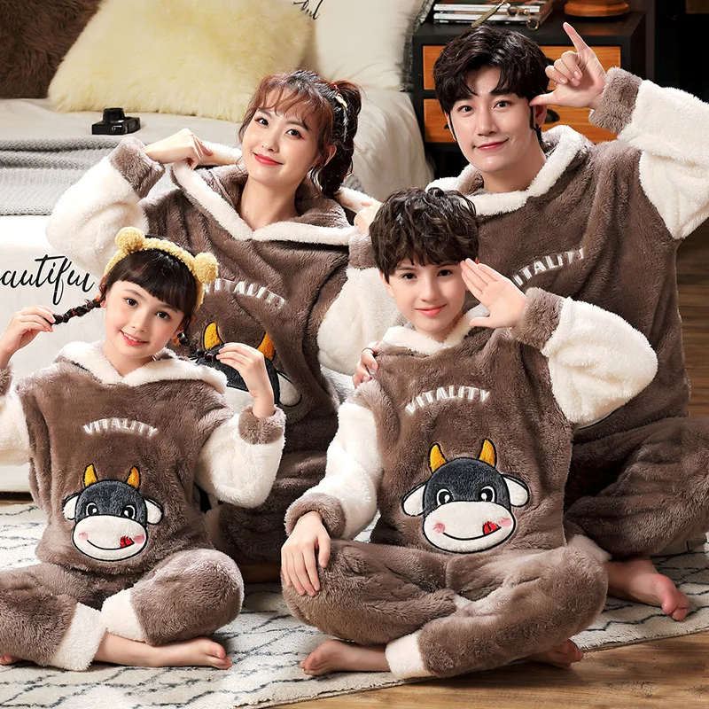 

Winter Parent-Child Pajama set Children's Flannel Pyjamas Thickened Plush Hoodie Long Sleeved Animal Panda Women Men Homewear