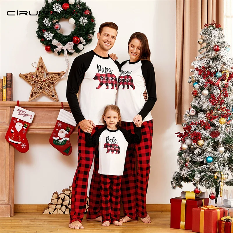 CIRUIYA Polar Bear Print Christmas Pajamas Sets Woman 2Pcs Red Plaid Christmas Pajamas Bottoms Family Nightwear Clothes New Year