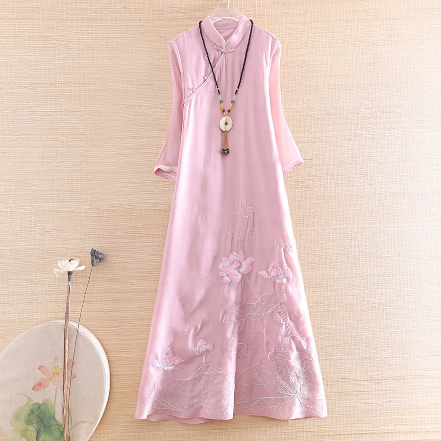 

Chinese Style Women Tencel Qipao Dress Summer Royal Embroidery Lotus Vintage Elegant Slim Lady Luxurious Cheongsam Dress S-XXL