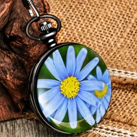 fresh blooming flower pattern printed antique pocket watch quartz timepiece retro black fob chain pendant clock gifts men women