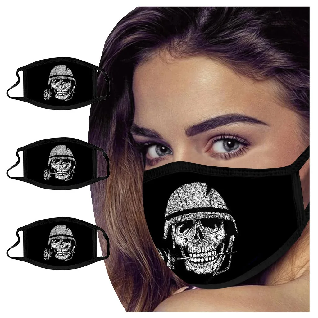 

Halloween Mask Washable Cotton Black Skull Print Dust-proof Reusable Mouth Face Shield Warm Windproof Face Mask Mascarillas