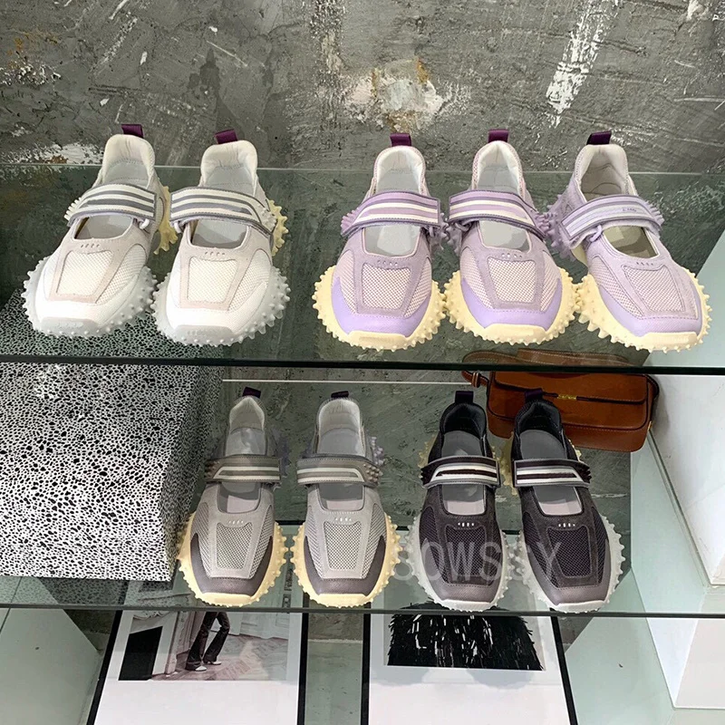 

2021 Spring Summer Women's Sneakers Mesh Design Magic Tape Comfortable Breathable Single Shoes Non-Slip Spike Sole Casual Shoes