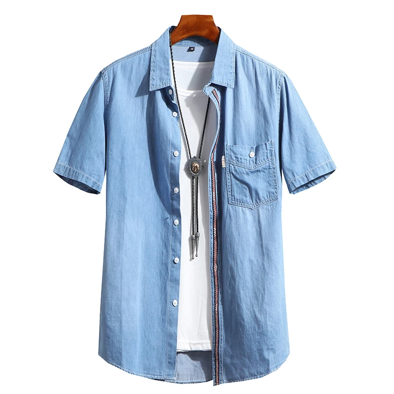 Джинсовая рубашка мужская с коротким рукавом приталенный силуэт блуза из денима