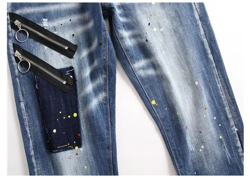 mens jesns washed lacquer cat-whisker slim stretch jeans European and American small feet trendy beggar pants trendy pants