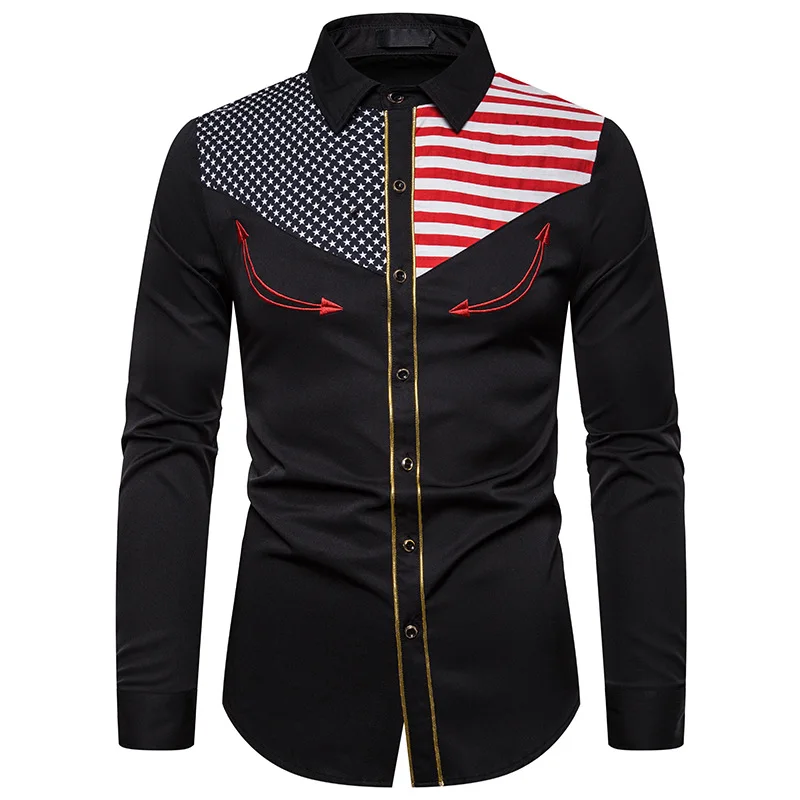 

Модная мужская рубашка с вышивкой и американским флагом, 2021, брендовая приталенная Классическая рубашка с длинным рукавом, мужские деловые ...