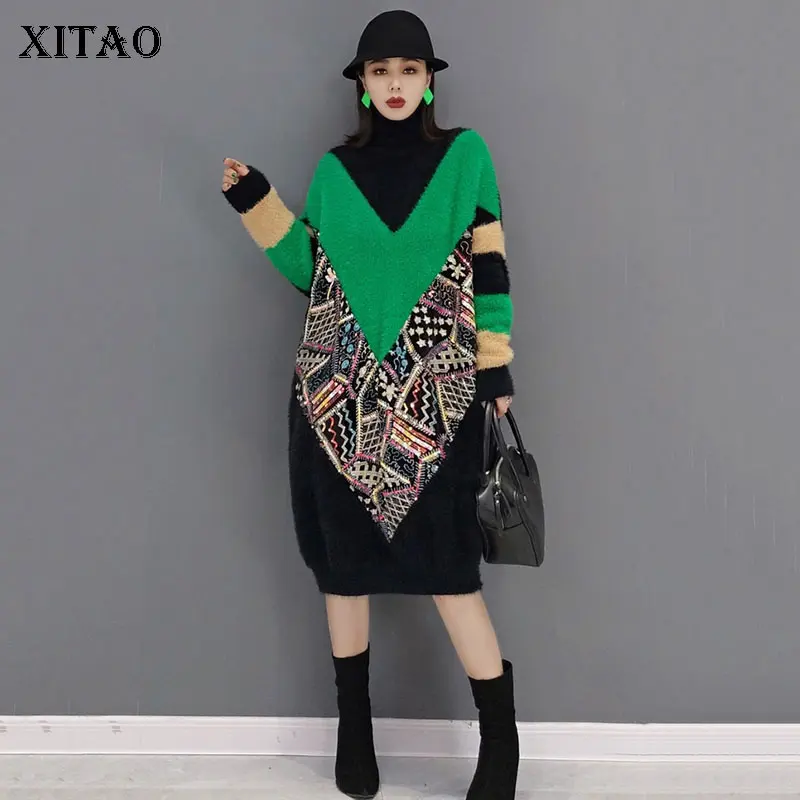 

XITAO Knitting Turtleneck Dresses Fashion Personality Patchwork Casual Long Sleeve Pullover Loose Temperament Women GWJ1844