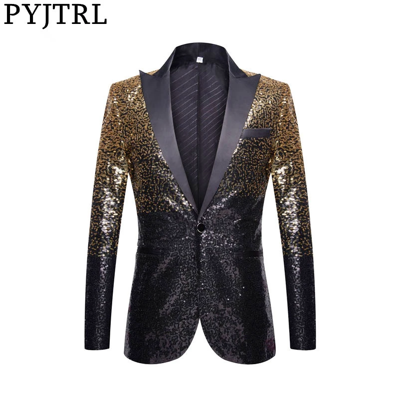 

PYJTRL полный блёстки серии мужчин постепенное изменение золотой черный приталенный костюм куртка для банкета ночного клуба блейзеры для пев...