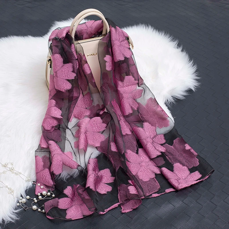 

Fashion Organza Flower Spring Scarf Women Cotton Linen Lace Hollow Stitching Silk Scarf Shawl Wraps for Summer Lady Scarves Gift