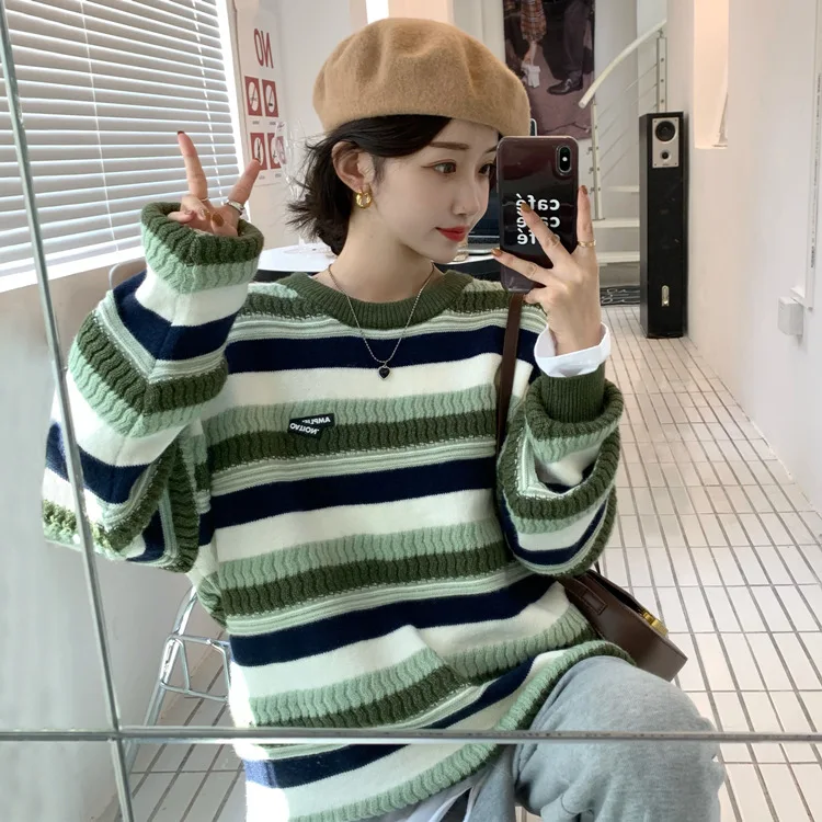 

Женский трикотажный свитер в полоску, Свободный пуловер составного кроя с круглым вырезом и длинным рукавом, джемпер, Осень-зима 2021