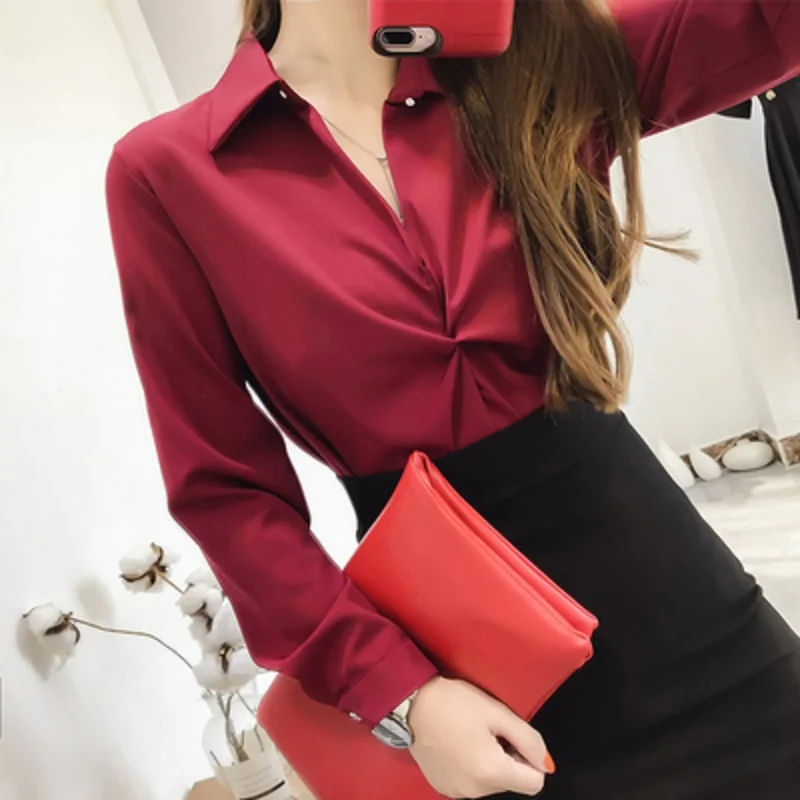 White Blouse Women Solid Color Chiffon Office Career Shirts Style Chic Tops Fashion Casual Long Sleeve Blouses Femme Blusa Black