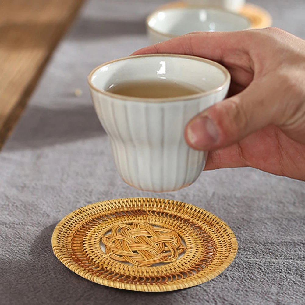 

Rattan Woven Coaster Handmade Teacup Coasters Creative Gift for Kitchen Table Drinks Crafts Table Desk Office Hotel for Drinks