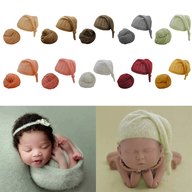 

2 Pcs Baby Receiving Blanket+Beanie Cap Set Infants Sleeping Swaddle Wrap Turban Hat Newborn Photography Props Accessories