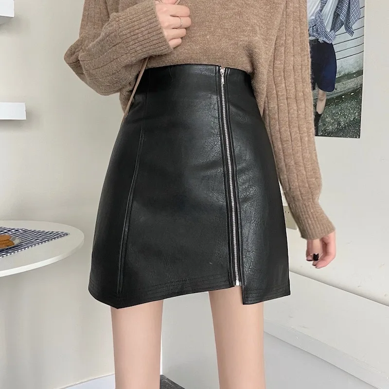 

2020 Autumn& Winter New Korean High Waist Slimming Irregular Zipper Bag Hip Skirt Women Sexy Pu Leather Mini Skirt Free Shipping