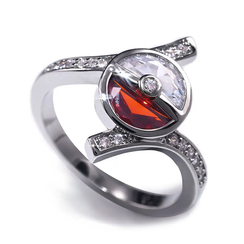 Женское кольцо в форме мяча монстра красного белого цвета с серебряным покрытием