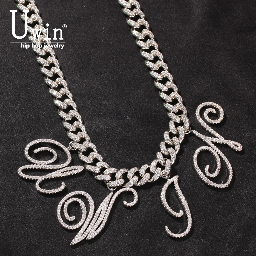 Uwin 12mm lettere corsive fai-da-te collana a maglia cubana Miami catena in argento placcato di lusso con Micro pavé di zirconi