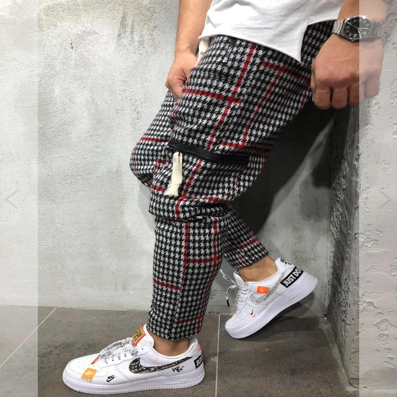

2021 sexy high wasit spring summer fashion pocket Men's Slim Fit Plaid Straight Leg Trousers Casual Pencil Jogger Casual Pants