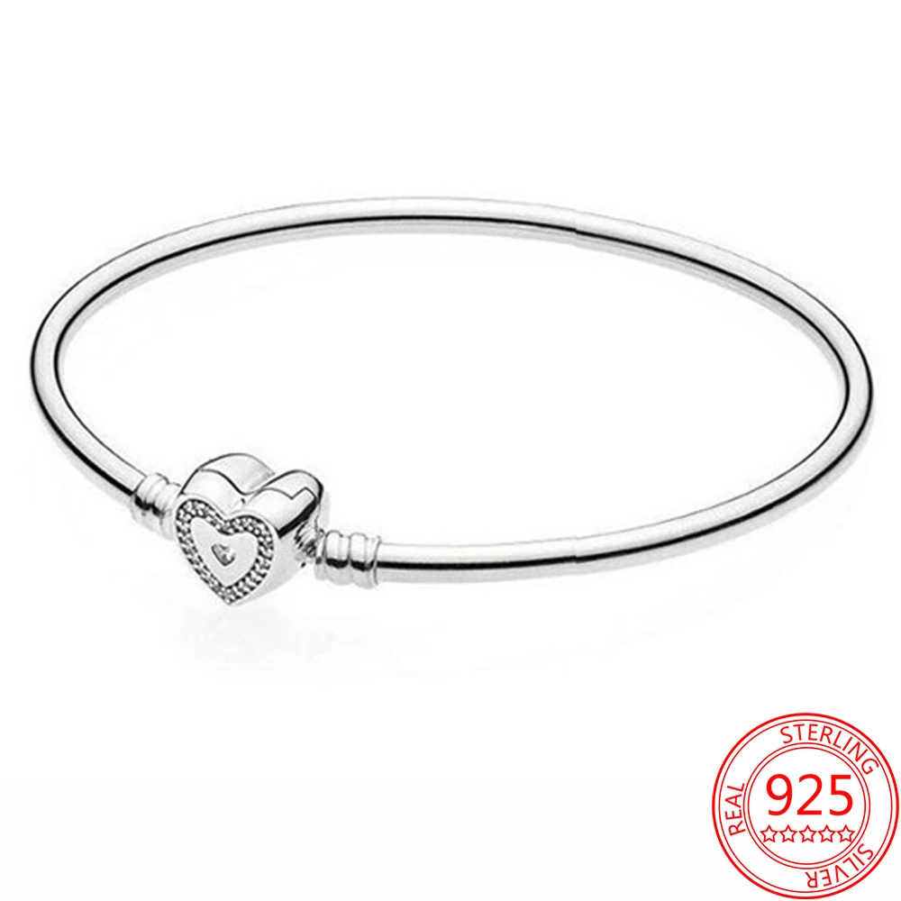 

Trendy 925 Sterling Silver Heart Shaped Diamond Clasp Bangle Fit Pan Brand Beaded Charms & DIY Pendant Jewelry S925