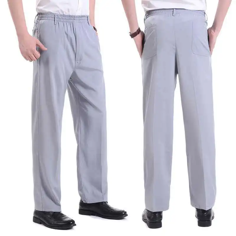 Мужские летние шелковые брюки среднего возраста Длинные свободные повседневные