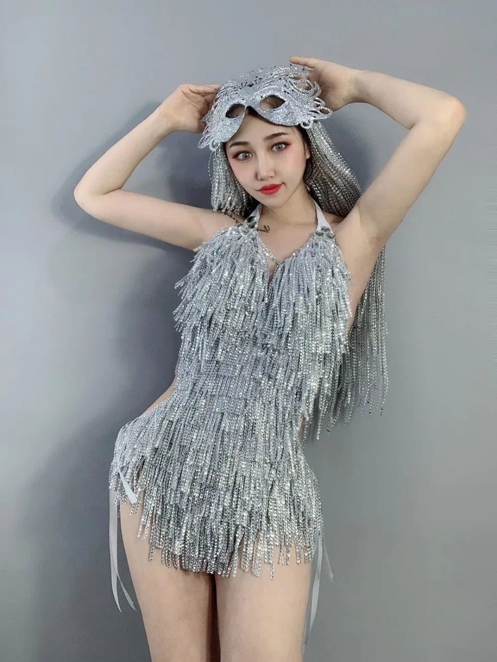 Women New Silver Shining Crystal Tassel Backless Bodysuit Black Fringes Bikini Dance Outfit Sexy Bar Nightclub DJ Singer Costume |