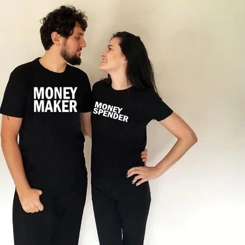 

King Queen Couples T Shirt Money Maker Spender Print Couple Tshirt Summer Fashion Woman T-shirt Casual O-Neck Lovers Tee Shirt