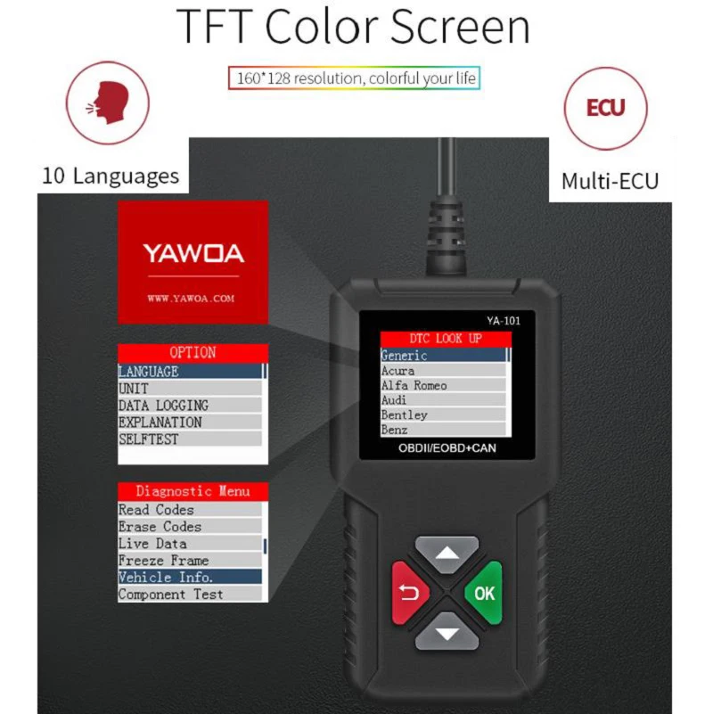 Многоязычный TFT-считыватель кодов автомобилей OBD2/EODB сканер неисправностей