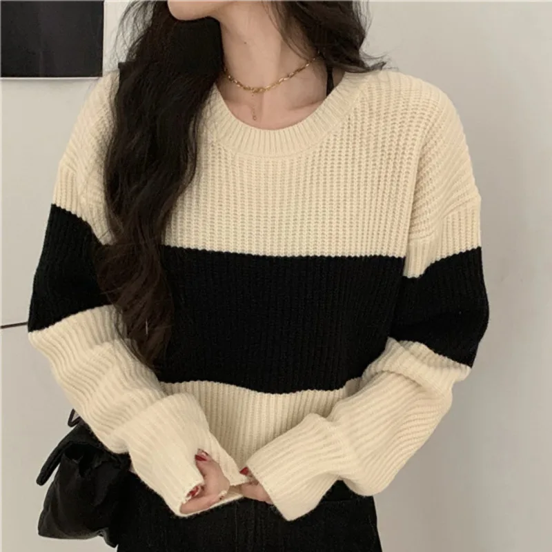

Sweater Women O Neck Pullover Loose Sweater Knitted Ladies Full Sleeve Chic Female Jumper Warm Minimalist Elegant Stripe Tops