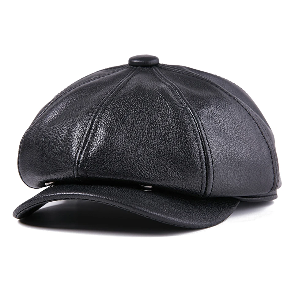 black cap BUTTERMERE шапки из натуральной коровьей кожи Newsboy, мужские черные шапки из натуральной кожи, мужские винтажные зимние Восьмиугольные шляпы - Цвет: black cap
