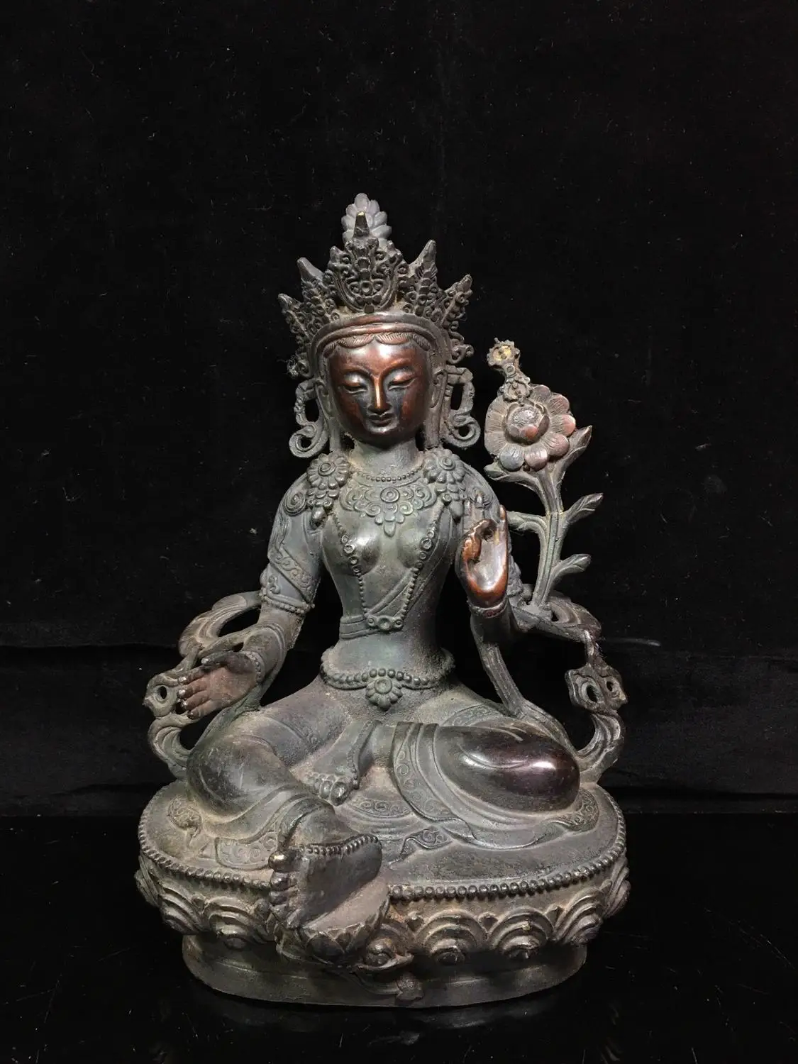 

Home Decor 12" Tibet Buddhism Temple Old Bronze Cinnabars Green Tara Buddha Statue Green Dora Guanyin Enshrine the Buddha